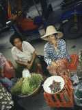 More street vendors selling vegetables and frogs.